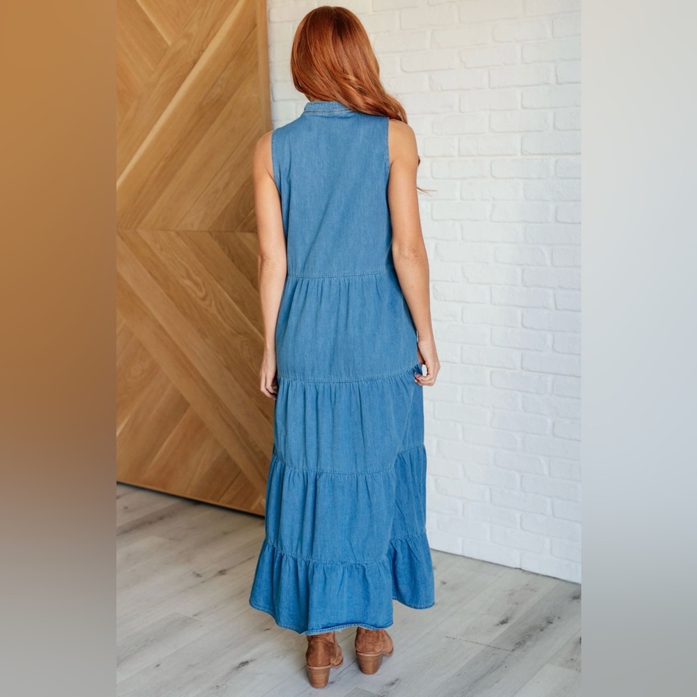 NEW Women’s Denim Tiered Maxi Dress - Lightweight Denim - Picture 5 of 6